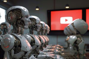 Robots watching YouTube on TV screen.