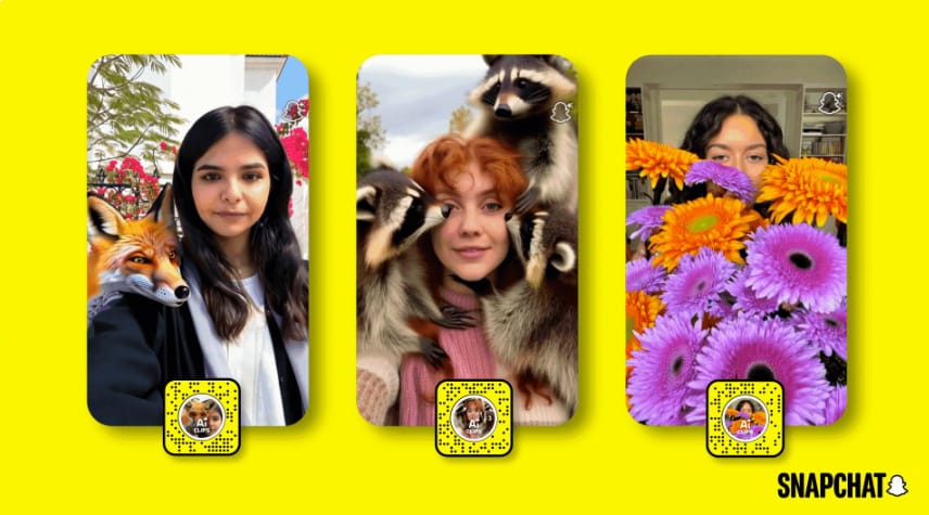 Three people using Snapchat AI Lenses with animals, flowers, and effects on a bright yellow background. Photo Source - Snapchat