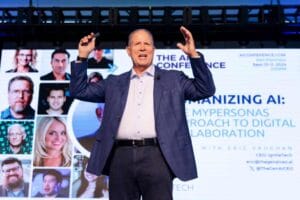 Eric Vaughan speaks on stage at The AI Conference; screen shows session details and his title; adjacent tweet highlights MyPersonas launch and delivery timeline
