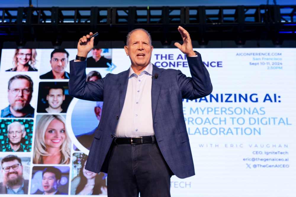 Eric Vaughan speaks on stage at The AI Conference; screen shows session details and his title; adjacent tweet highlights MyPersonas launch and delivery timeline