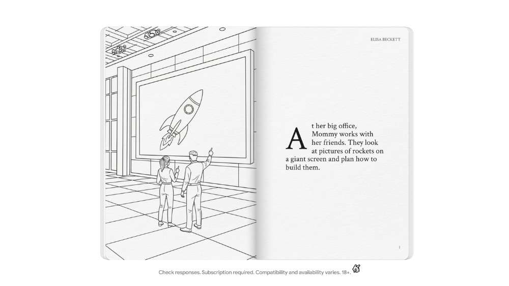 Screenshot of a two-page Storybook spread showing two people standing before a large line-art rocket illustration on the left and a block of printed story text on the right (page number “1” visible).