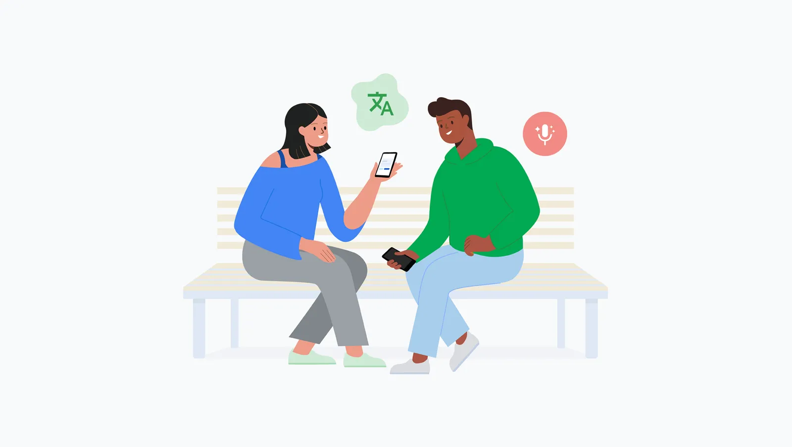Two people sitting on a bench using Google Translate app to communicate in different languages, with translation speech bubbles appearing above their phones.