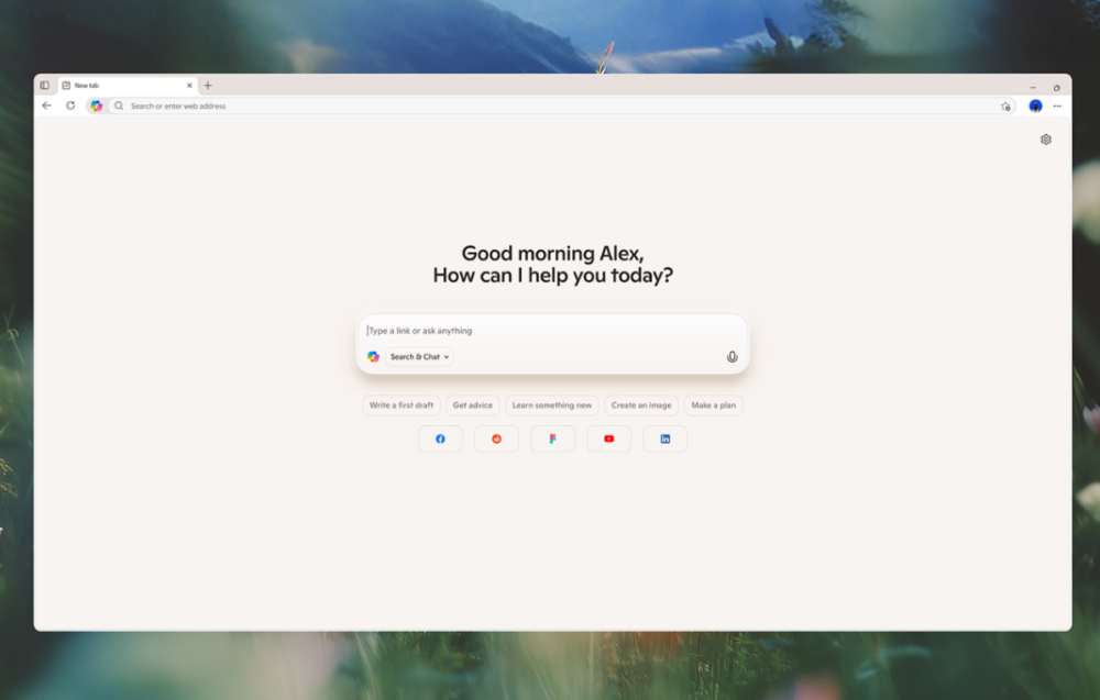 Screenshot of Microsoft Edge's new Copilot Mode interface showing a clean, minimalist browser window with a greeting that says "Good morning Alex, How can I help you today?" and a search bar with suggested actions below including "Write a first draft," "Get advice," "Learn something new," "Create an image," and "Make a plan."