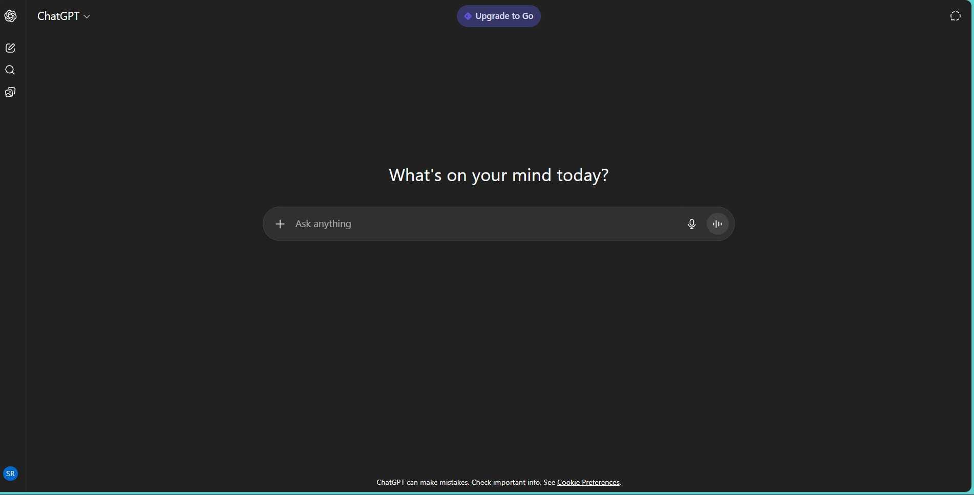 ChatGPT interface showing the "Upgrade to Go" button prominently displayed in the top navigation bar against a dark background.