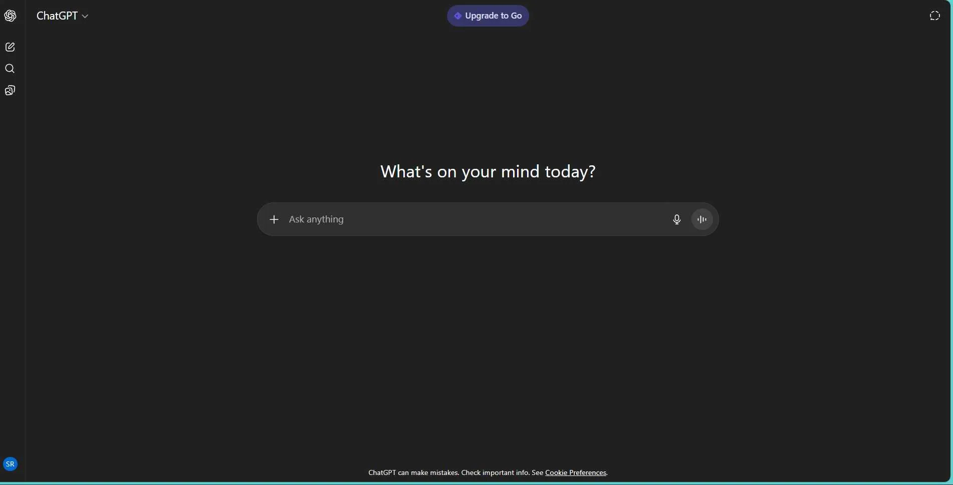 ChatGPT interface showing the "Upgrade to Go" button prominently displayed in the top navigation bar against a dark background.