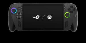 ROG Xbox Ally X handheld gaming device with black chassis, 7-inch display, RGB-lit thumbsticks (purple on left, green on right), and both ROG and Xbox logos displayed on screen.