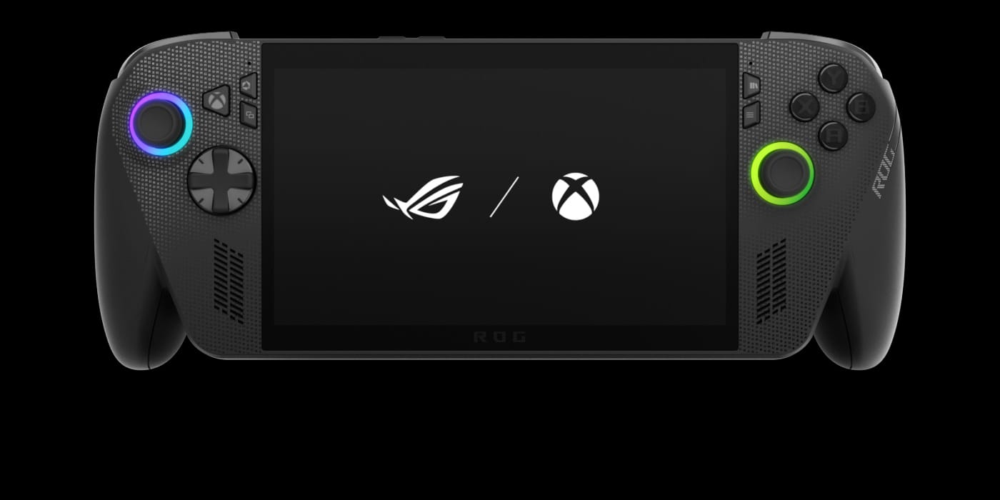 ROG Xbox Ally X handheld gaming device with black chassis, 7-inch display, RGB-lit thumbsticks (purple on left, green on right), and both ROG and Xbox logos displayed on screen.