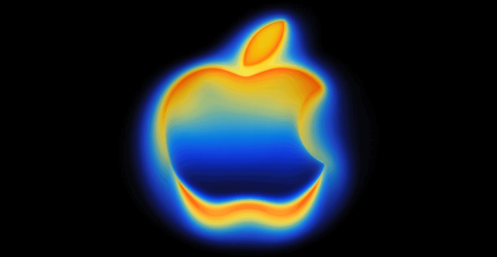 A thermal imaging-style Apple logo in orange, yellow, and blue gradient colors, posted by Tim Cook announcing the September 9 Apple event with the tagline "Awe dropping"
