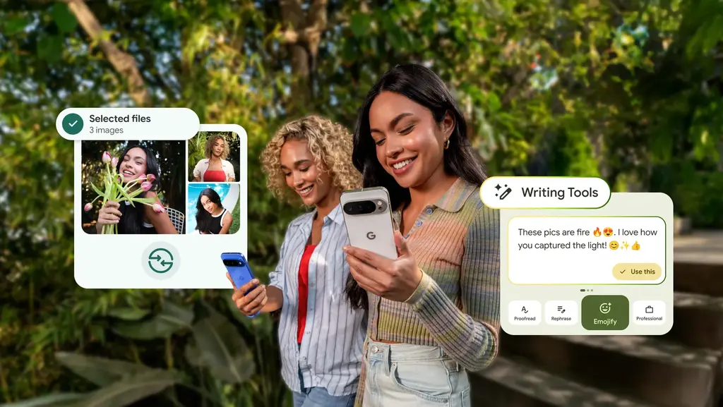 Two women using smartphones outdoors, one showing Quick Share file transfer interface selecting photos while the other displays AI Writing Tools interface with tone adjustment options in Gboard keyboard