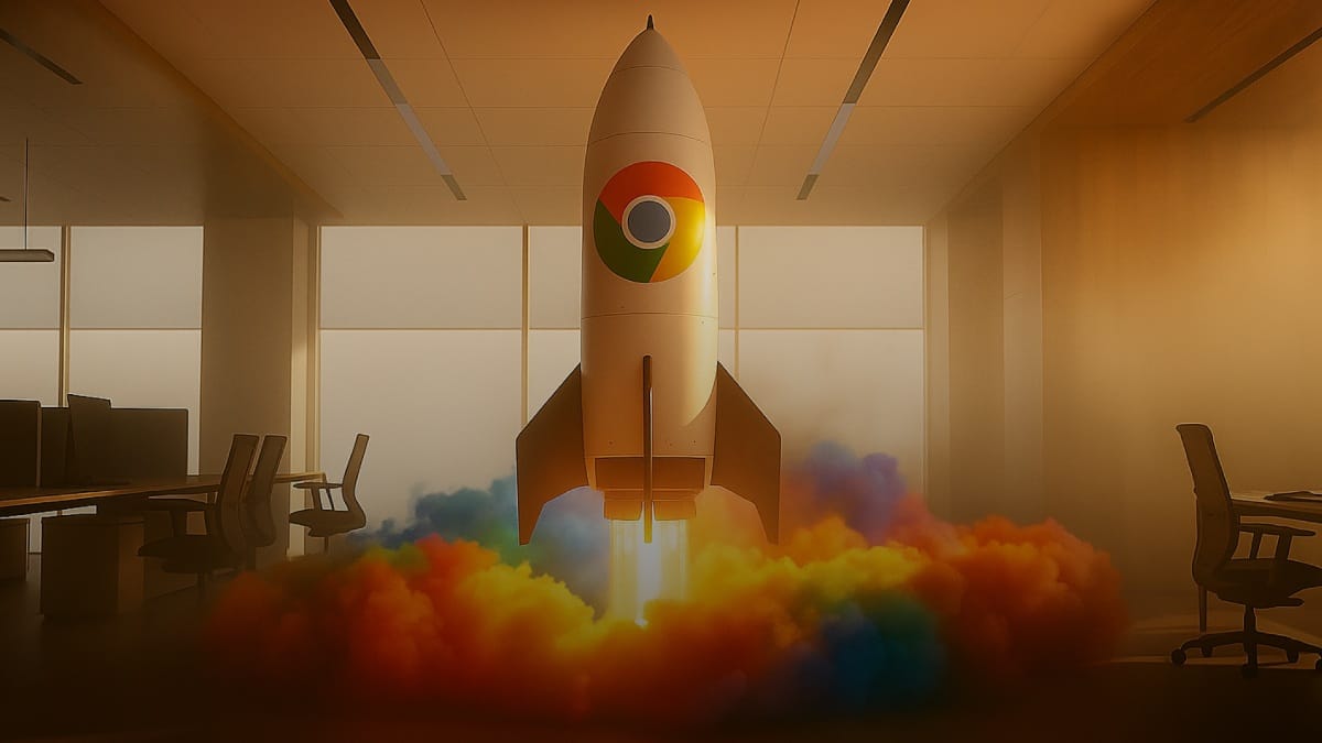 A rocket with Chrome logo launching inside a Google office space, with colorful smoke representing the browser's AI transformation.