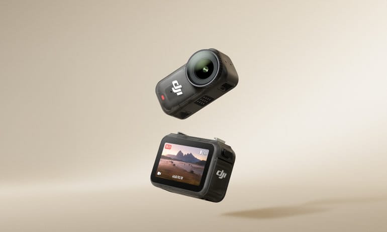 DJI Osmo Nano action camera showing the modular two-piece design with the camera unit floating above the separate Vision Dock with touchscreen display against a neutral beige background.