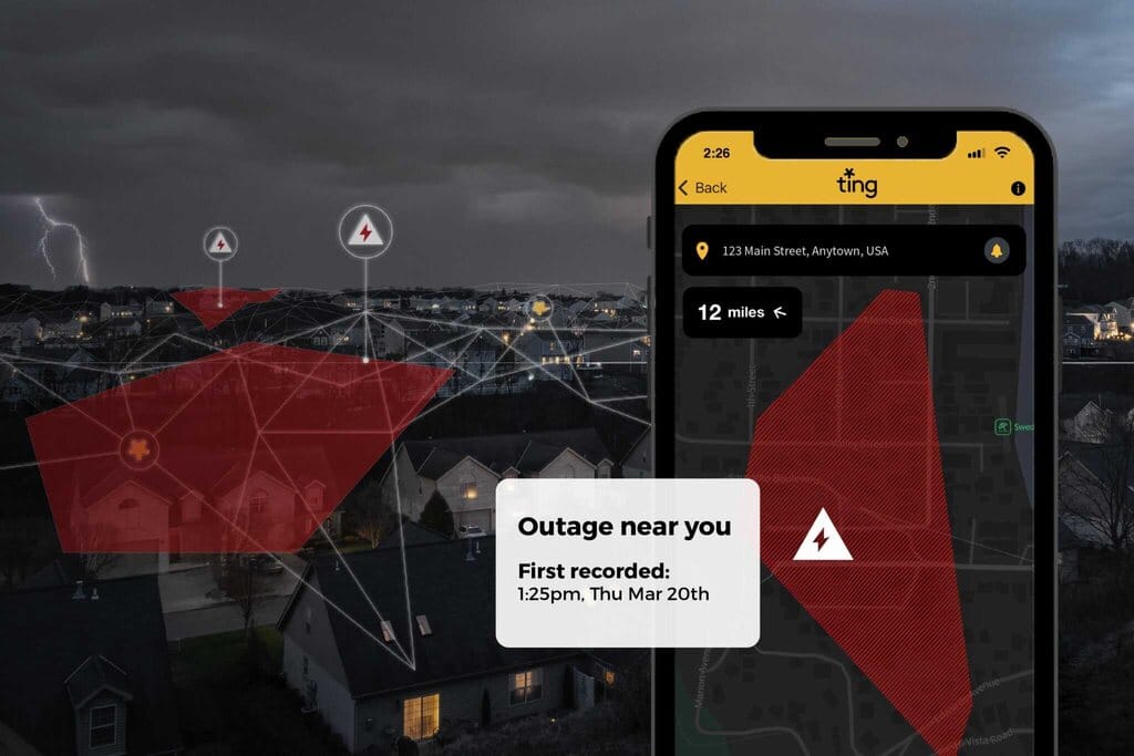Ting app interface showing a neighborhood power outage map with red highlighted areas indicating outages, alongside a smartphone displaying the alert "Outage near you" with timestamp information