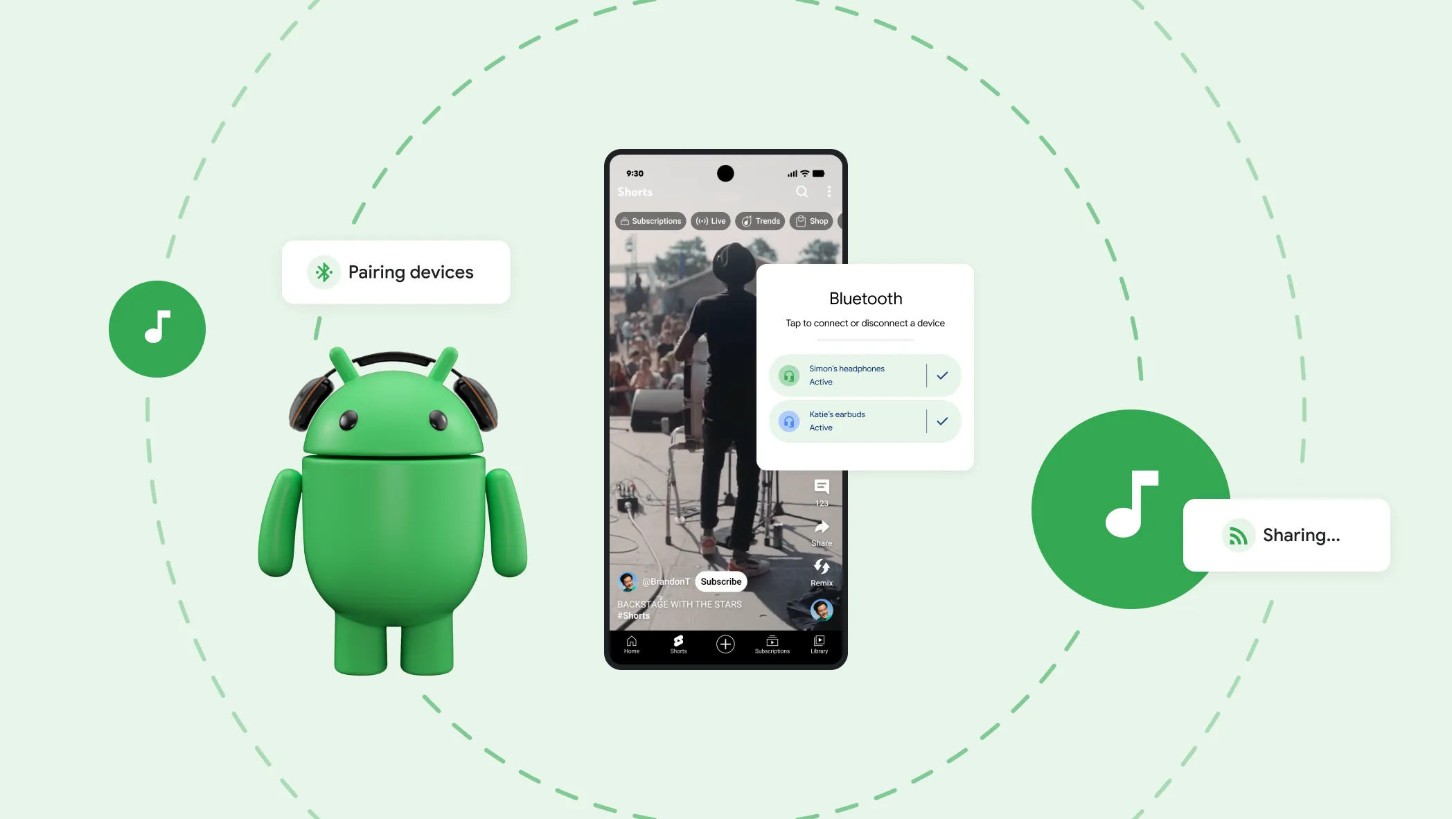 Illustration showing Android mascot next to a smartphone displaying Bluetooth pairing interface with audio sharing icons, demonstrating the Auracast audio sharing feature on Android.