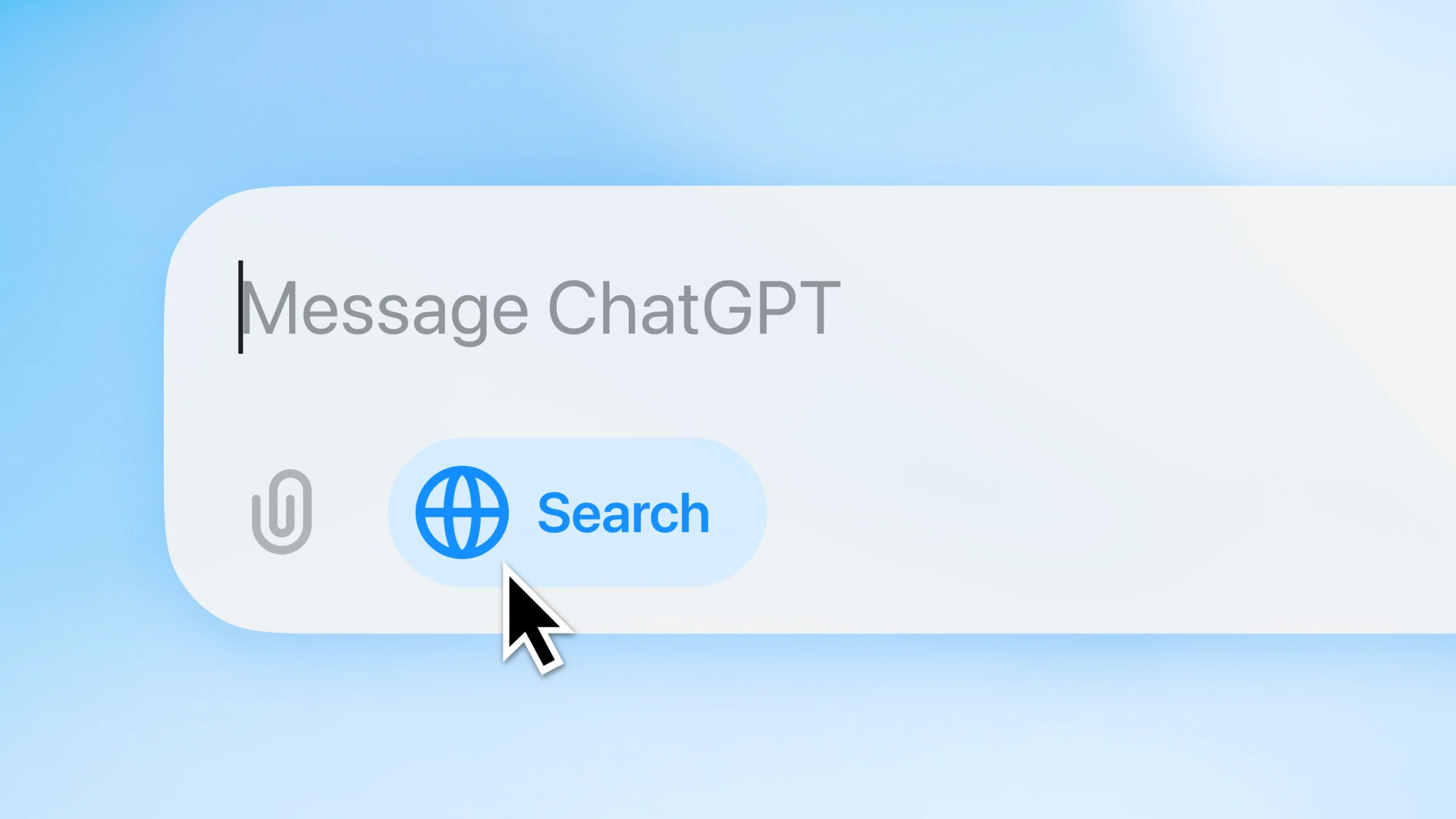Screenshot of ChatGPT interface showing the search button with a globe icon being clicked by a cursor, with "Message ChatGPT" visible in the input field against a light blue background.