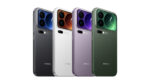 Xiaomi 17 series smartphones in four color variants (black, white, purple, and green) showcasing the distinctive camera module with integrated secondary display on the Pro models.