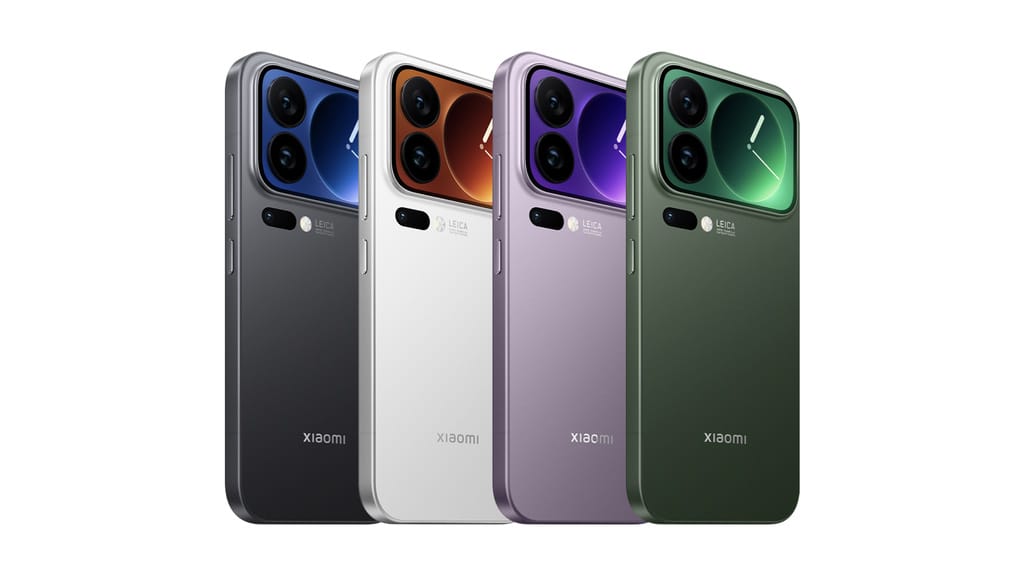 Xiaomi 17 series smartphones in four color variants (black, white, purple, and green) showcasing the distinctive camera module with integrated secondary display on the Pro models.