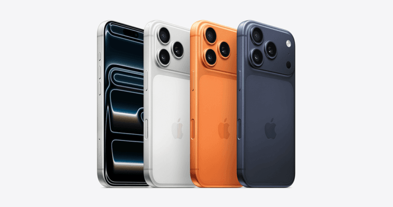 Four iPhone 17 Pro models displayed in a row showing different color variants - black, white, orange, and navy blue - featuring the dual camera system and edge-to-edge display.