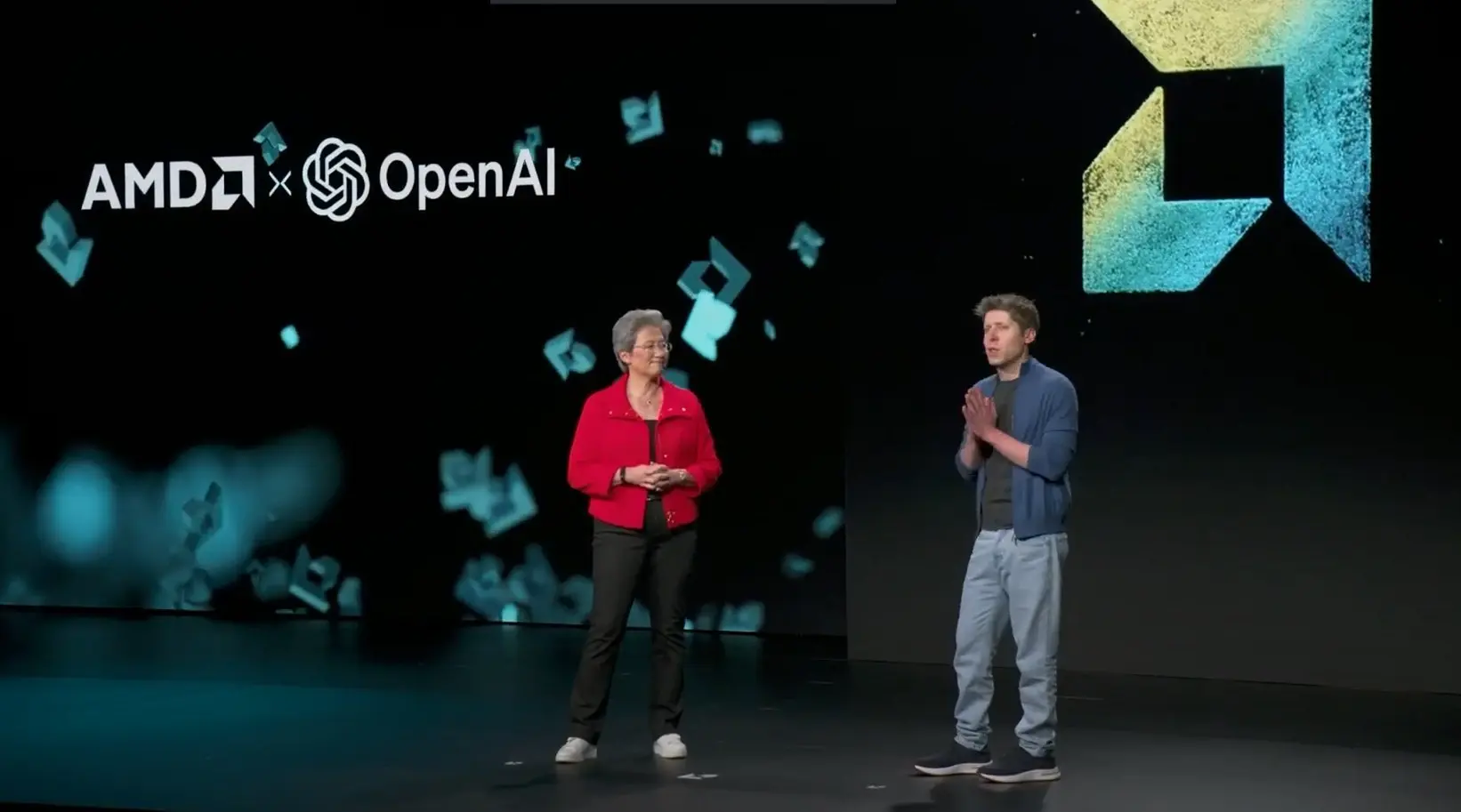 AMD CEO Lisa Su and OpenAI CEO Sam Altman on stage during the AMD Advancing AI 2025 keynote discussing AI chip collaboration.