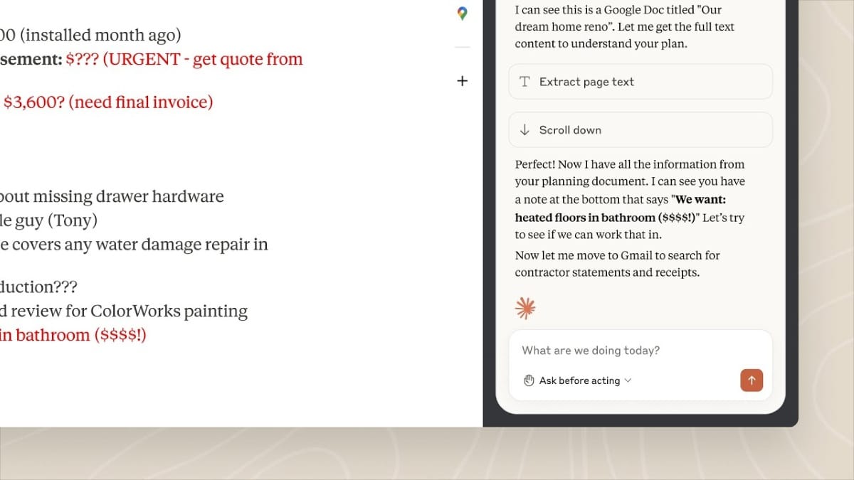 Screenshot of Anthropic's Claude Sonnet 4.5 interface showing the AI reading a Google Doc titled "Our dream home reno" and identifying bathroom heated floors as a requirement, while also displaying navigation notes in a home renovation project.