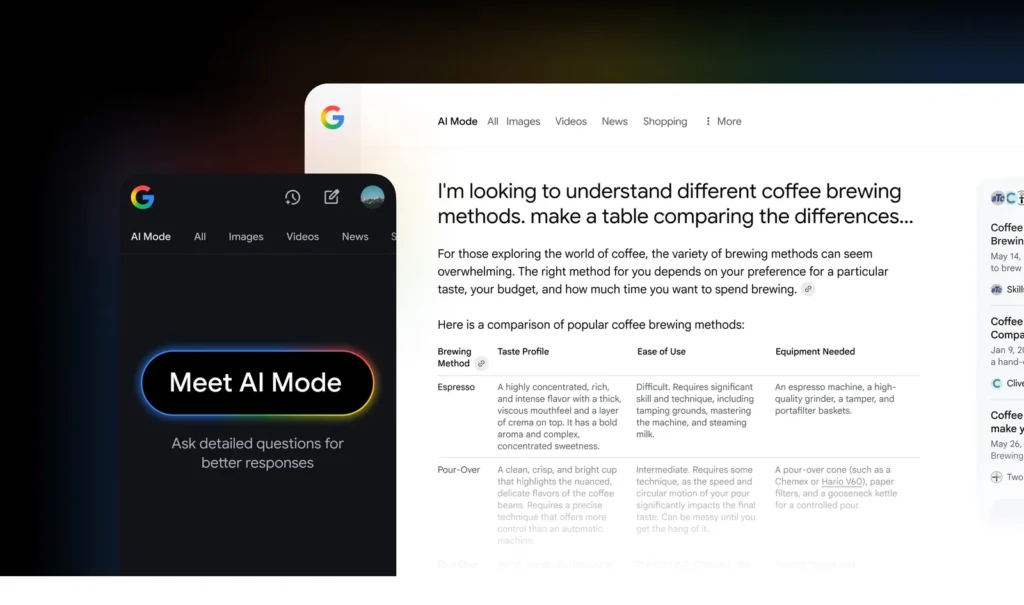 Screenshot of Google's AI Mode interface showing an example of comparing coffee brewing methods.