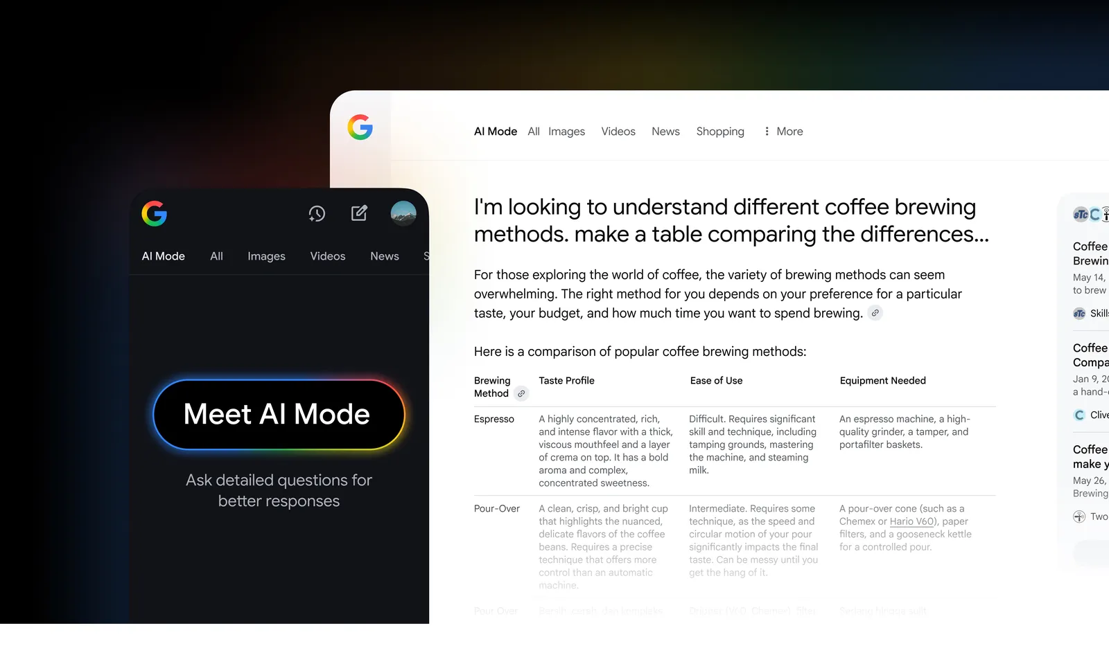 Screenshot of Google's AI Mode interface showing an example of comparing coffee brewing methods.