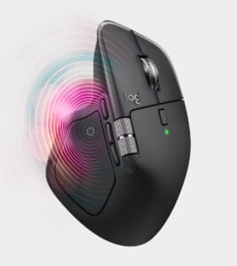 Logitech MX Master 4 wireless mouse with graphite finish showing haptic feedback visualized as colorful concentric circles radiating from the thumb rest area.