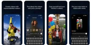 Screenshots from OpenAI's Sora app showing four key features: creating realistic AI videos, turning prompts into videos, using the Cameos feature to include yourself and friends, and remixing existing videos.