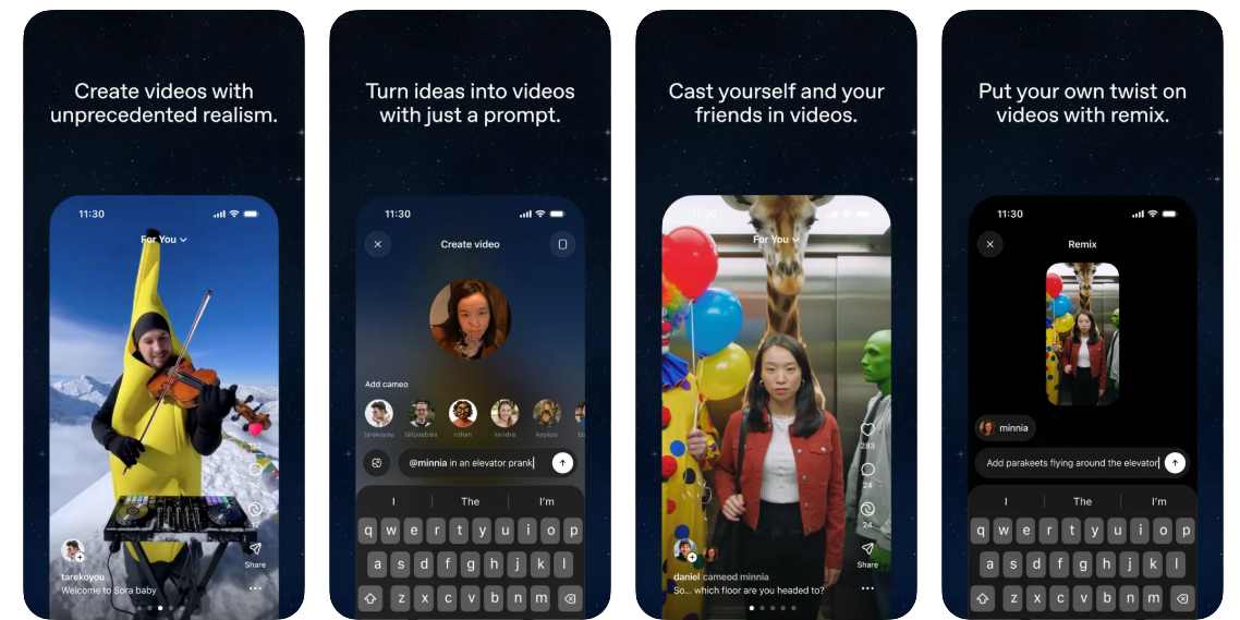 Screenshots from OpenAI's Sora app showing four key features: creating realistic AI videos, turning prompts into videos, using the Cameos feature to include yourself and friends, and remixing existing videos.