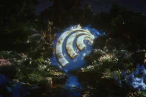 Perplexity Comet logo glowing with blue light in a nighttime forest setting with small illuminated plants and stones