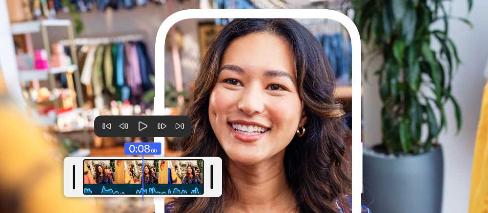 Woman editing video in Adobe Premiere on an iPhone, with timeline and audio waveform UI overlays visible.