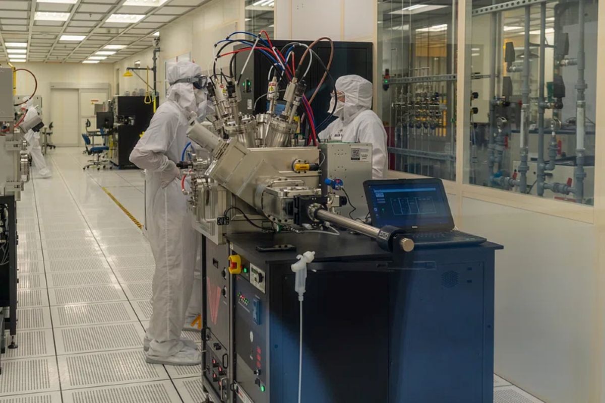 Close-up view of semiconductor wafers representing global chip manufacturing and AI production trends