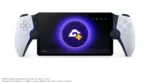 PlayStation Portal handheld device displaying cloud streaming interface with PS5 games library on white background