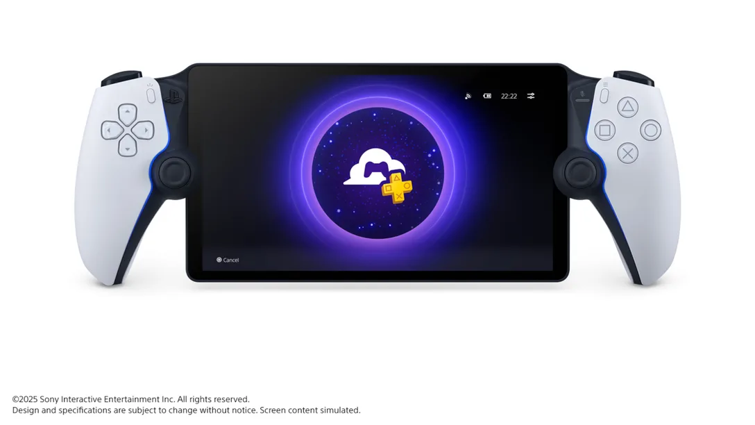 PlayStation Portal handheld device displaying cloud streaming interface with PS5 games library on white background