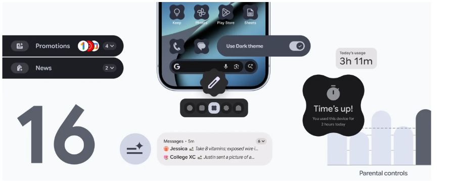Collage showing Android 16 interface features including notification summaries, custom icon shapes, dark theme, and parental control settings on Pixel smartphone screens