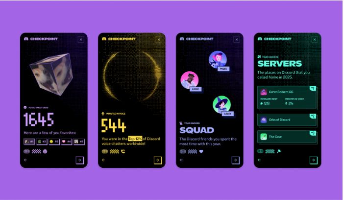 Four Discord Checkpoint 2025 interface cards displaying user statistics including total emoji used showing 1645, minutes in voice showing 544 with top 12 percent ranking, Discord squad showing three friend avatars labeled PHEBE LOCKE and LOCKY, and favorite servers list showing Great Gamers GG, Orbs of Discord, and The Cave with message counts and voice minutes