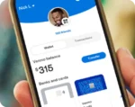 Venmo mobile app interface showing money management features on smartphone screen with blue gradient background and Your Money Your Way tagline