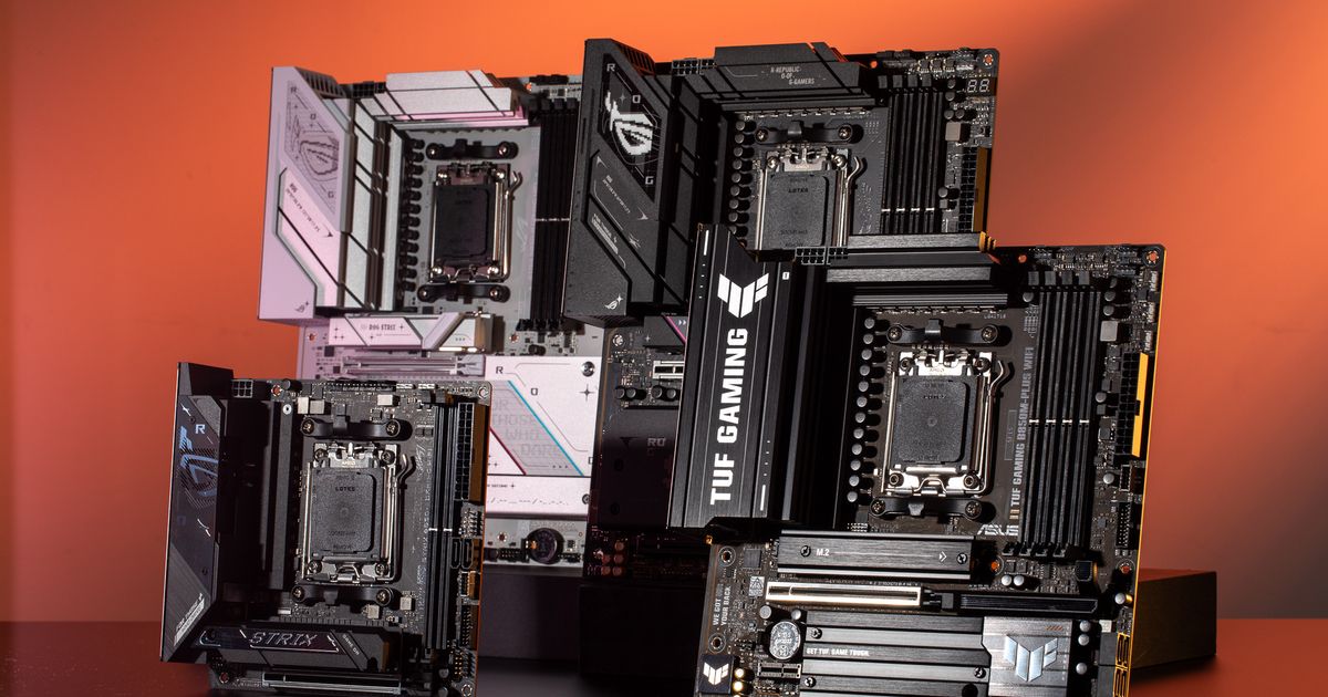 ASUS AMD 800-series motherboard lineup including X870E B850 and B840 chipsets with ROG Strix TUF Gaming and Prime models