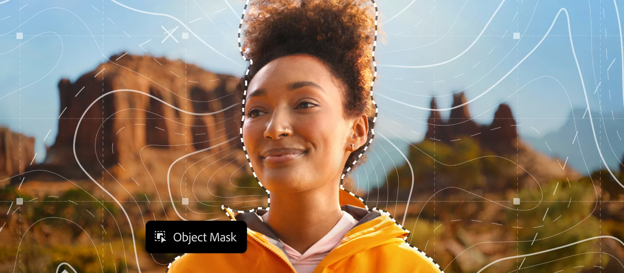 Adobe Premiere 26 interface showing Object Mask tool with colored visual overlays for subject selection and tracking in video editing workspace