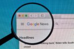Google News logo displayed under magnifying glass representing search algorithm scrutiny and content verification challenges