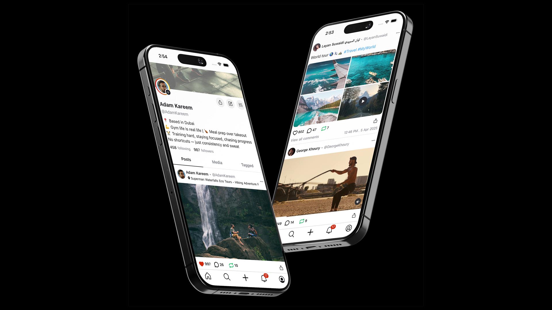 UpScrolled app interface mockup showing mobile phone screens displaying the social media platform's feed, profile, and messaging features with purple gradient branding
