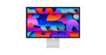 Apple Studio Display 27-inch 5K monitor with silver aluminum enclosure and slim bezels on tilt-adjustable stand