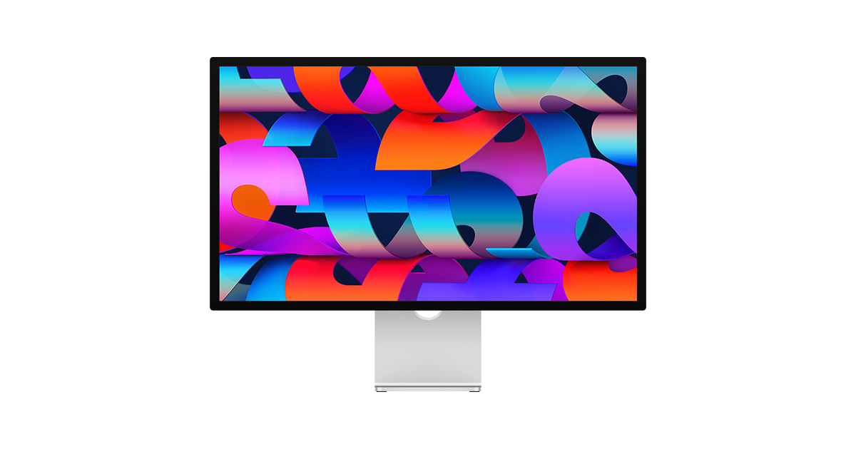 Apple Studio Display 27-inch 5K monitor with silver aluminum enclosure and slim bezels on tilt-adjustable stand