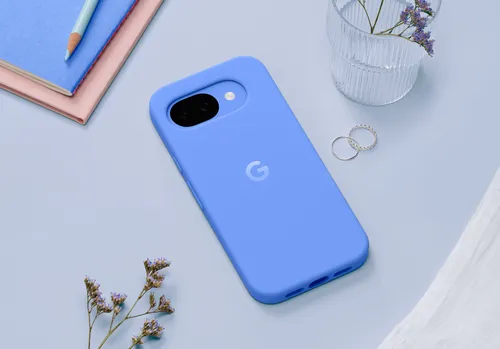 Google Pixel 10a smartphone in Lavender color with matching Lavender protective case showing flush camera design and textured matte finish against white background