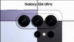 Samsung Galaxy S26 Ultra official render showing the smartphone in multiple color variants including black, blue, and violet with visible camera array and flat display design against white background