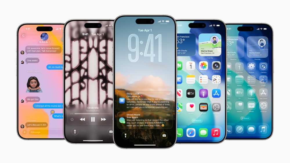 iOS 26 interface displayed on iPhone screen showing Liquid Glass design elements and updated lock screen layout from Apple WWDC 2025 announcement
