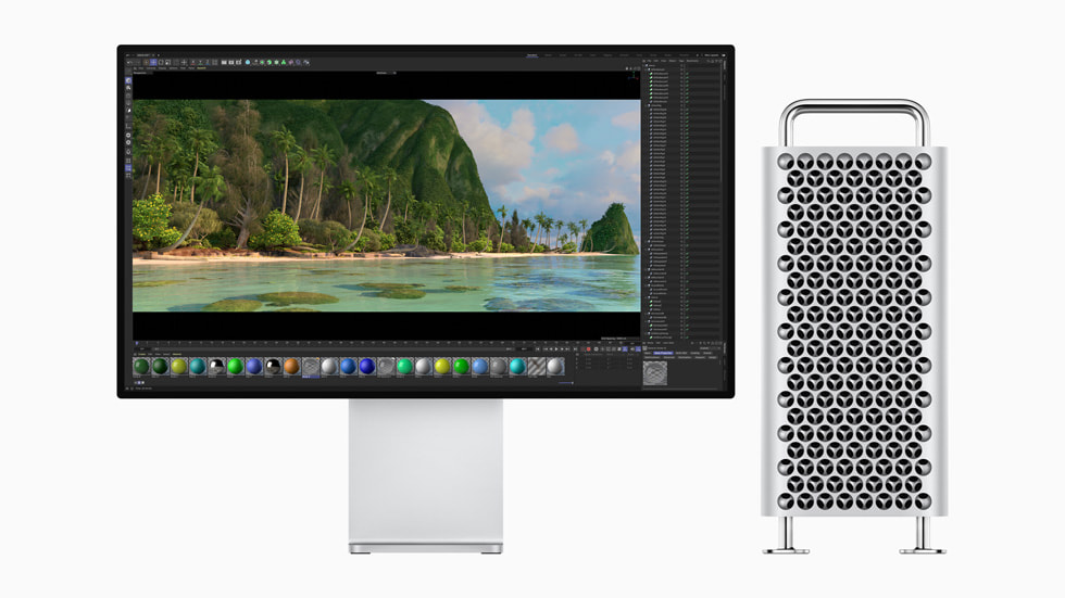Apple Mac Pro M2 Ultra 3D render from WWDC 2023 showing the stainless steel tower design with drilled ventilation holes, the final version of the Mac Pro before Apple discontinued the product line in March 2026