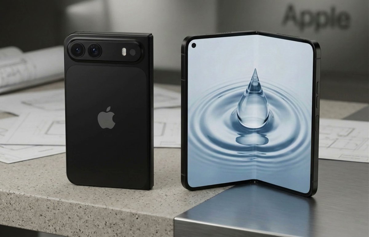 iPhone Fold leaked CAD render showing book-style foldable design with dual horizontal rear cameras, 7.76-inch inner display, and 4.8mm unfolded thickness — based on supply chain drawings published December 2025