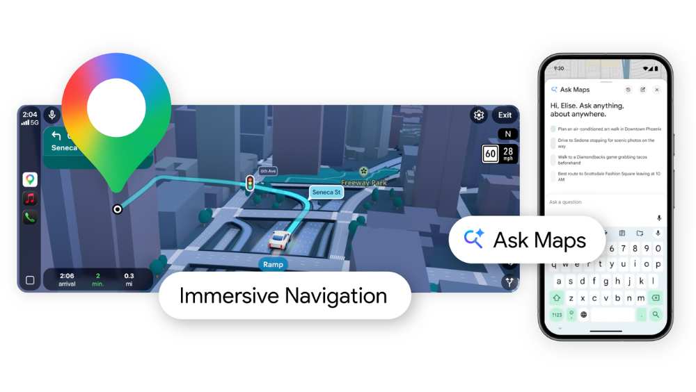 Screenshots of Google Maps showing the Ask Maps conversational chat interface on a smartphone alongside the Immersive Navigation 3D city view with a location pin