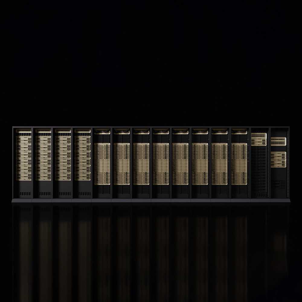 Close-up view of Nvidia Vera Rubin superchip showing dual Rubin GPU dies and Vera CPU with green circuit board and metallic cooling components