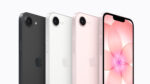 iPhone 17e lineup showing three color variants black white and soft pink with A19 chip and MagSafe technology